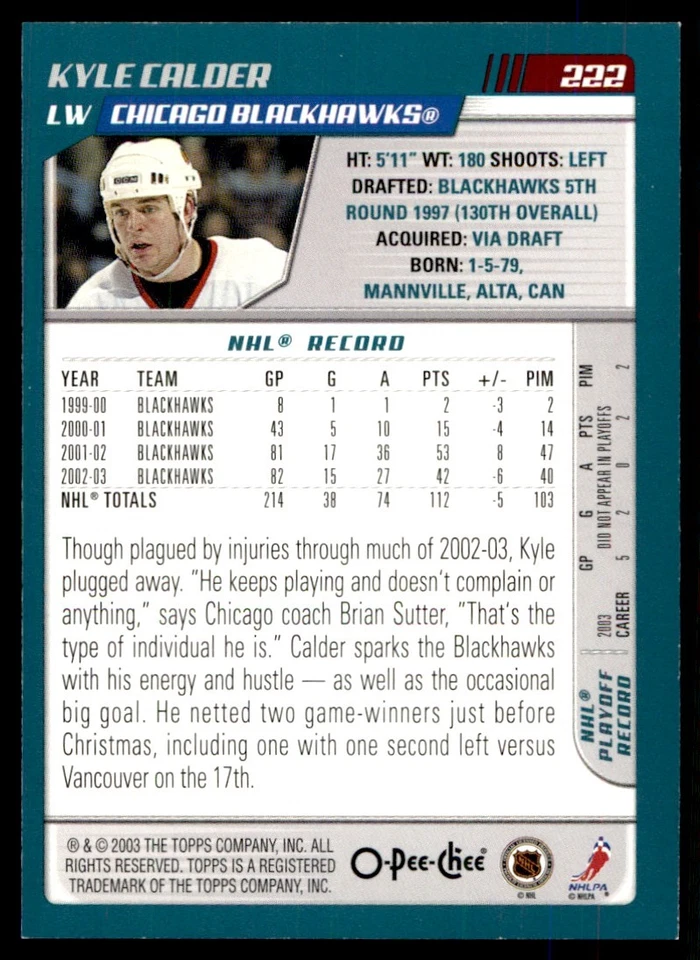 2003-04 O-Pee-Chee Kyle Calder Chicago Blackhawks #222 - Image 2 of 2