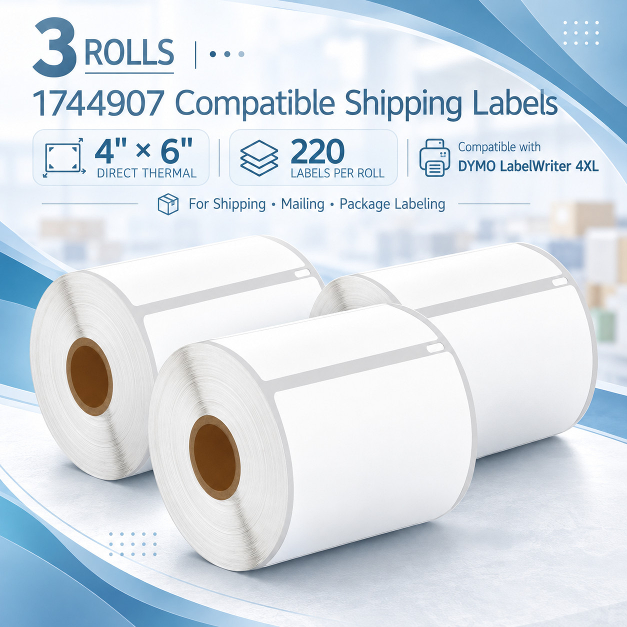 3 Rolls 4X6 Direct Thermal 220 L/R Shipping Labels Fits Dymo 4XL 1744907 4"X6"