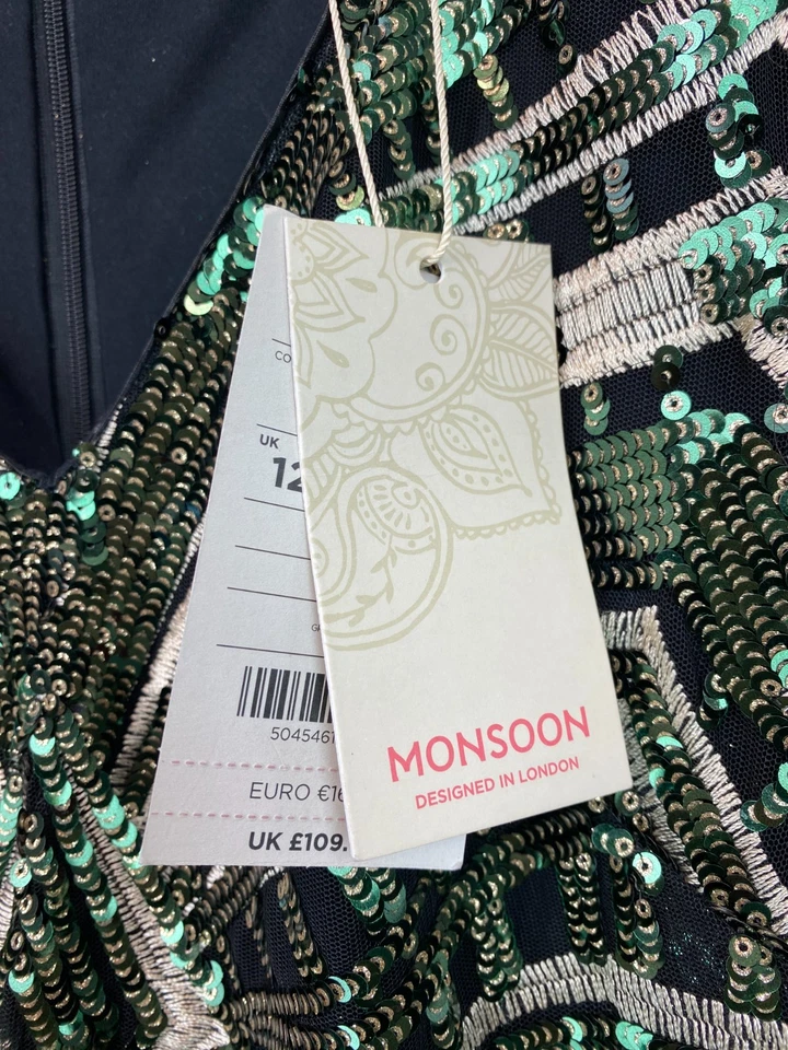 Monsoon Green Black Sequin Bodycon Knee Length Dress Long Sleeve UK12 NEW - Image 4 of 4