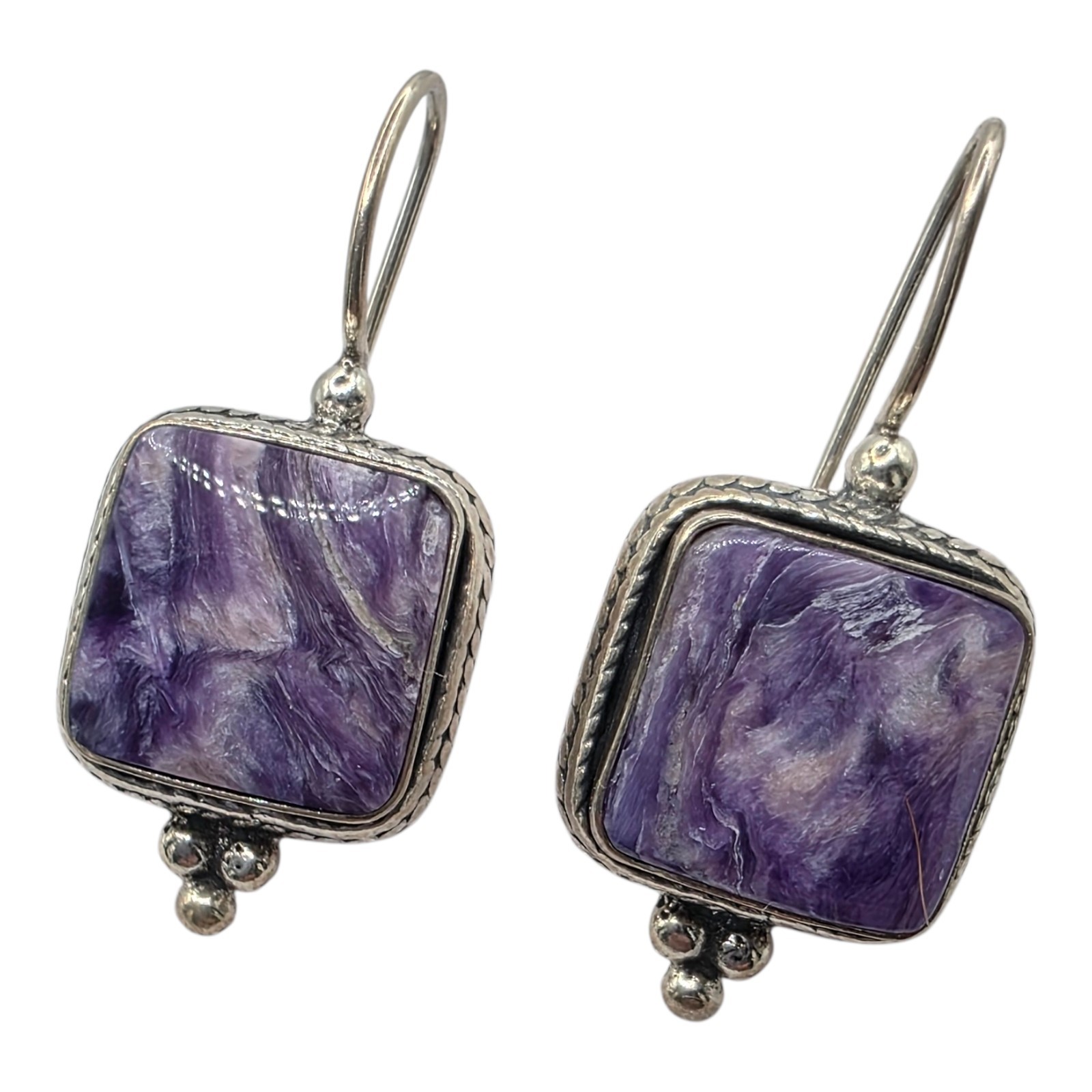 Solid Sterling Silver Charoite Drop Dangle Earrin… - image 1