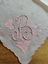 Vgt B Monogram Pink Embroidered White Semi Sheer Cotton Hankie Handkerchief