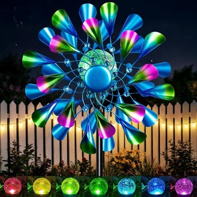 Solar Wind Spinner Outdoor Metal - Peacock Kinetic Garden Sculptures with Col...