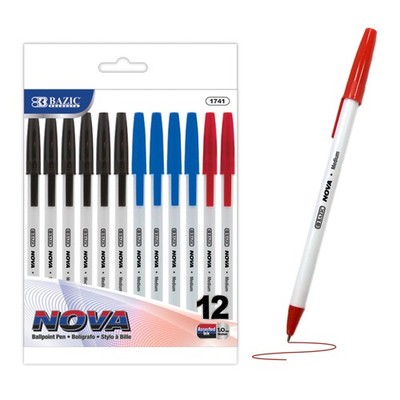 BAZIC Nova Assorted Color Stick Pen (12/Pack),Art Pens & Markers