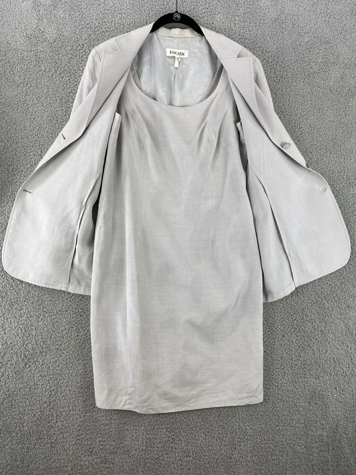 Blazer Vestido Traje Mujer Escada 42 Gris Seda Lino Alemania 2 Piezas Carrera Formal Foto 2 de 4