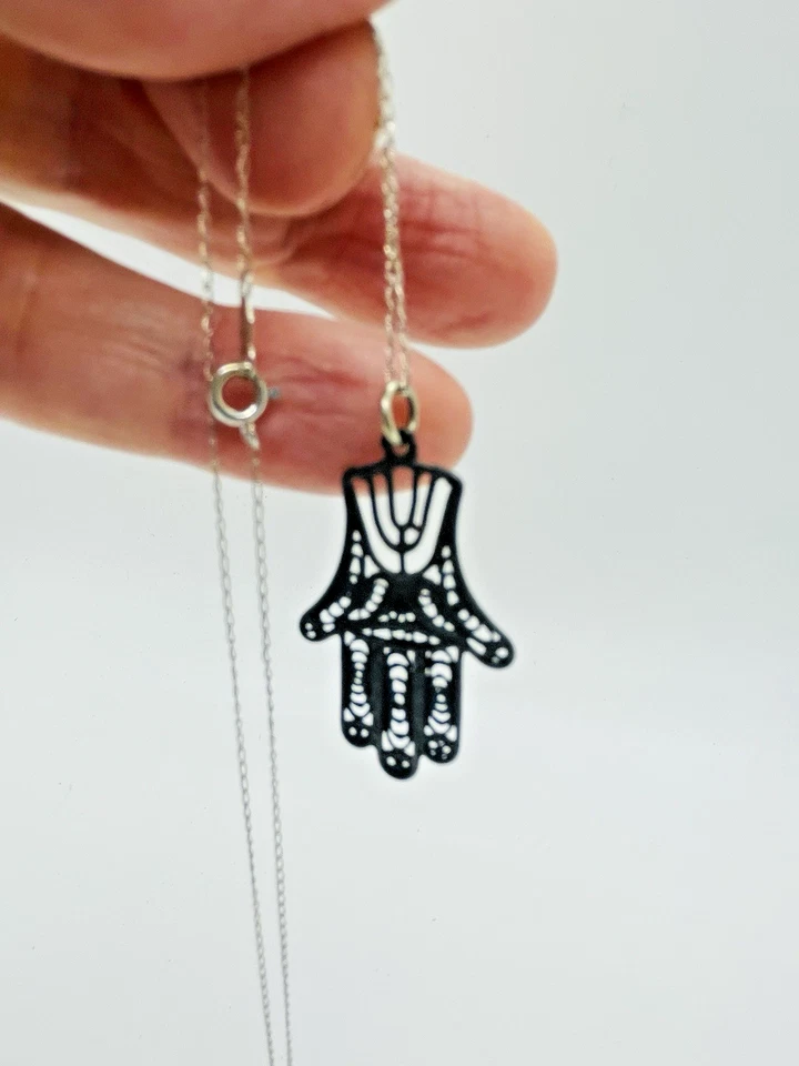 Vintage 14K White Gold Chain & Sterling Silver Hamsa Pendant – Israel - Image 2 of 4