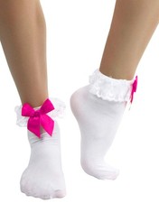 Womens Classic Bow And Ruffle Lace Socks Ankle Fancy Frilly Cute Cotton Trim