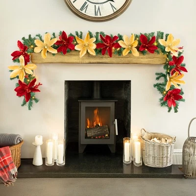 GARDEN MILE Guirnalda de luces de Navidad de lujo 9 pies LED blanco artificial dorado rojo flor de pascua