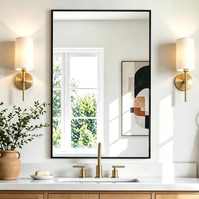 Rectangular Bathroom Mirror, 30''x20'' Black Metal Framed Vanity Mirror, HD Sha...