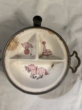 Vintage Divided Ceramic Baby Warming Bowl Pink Animal Design Metal Handles