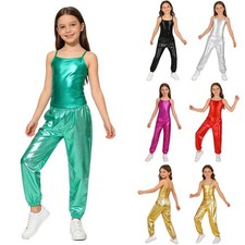 Girls Metallic Camisole Tank Top Shiny Pants Dance Competition Stage Performance