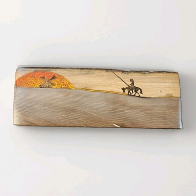 Vintage Signed RAEL Wood & Resin Western Cowboy Wall Art Plaque Horseback Sunset