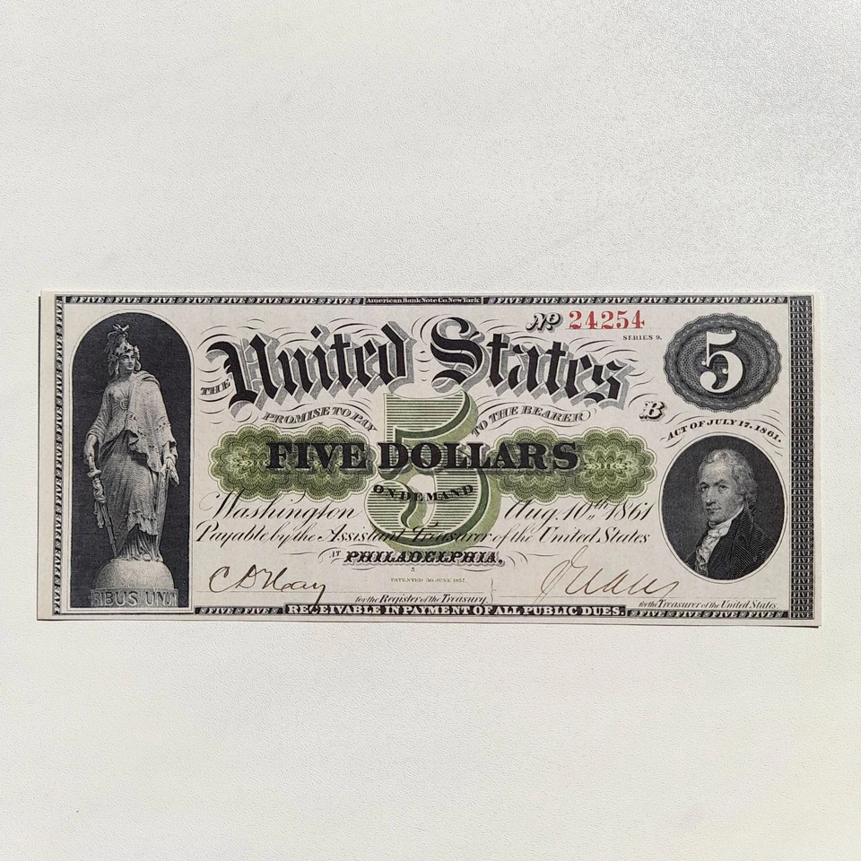 5 Dollars 1861 Philadelphia Demand Note Greenback Reproduction Banknote Fr.US# 2 - Image 3 of 4