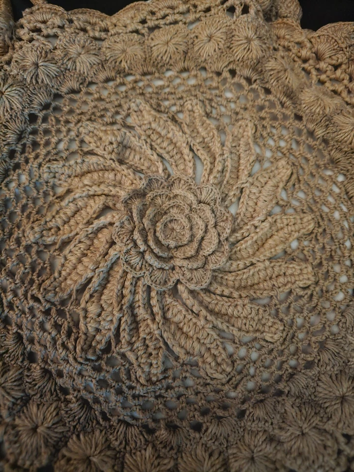 Bolso de Mano Vintage Años 30 Roseta Redonda Macramé Natural Crochet Monedero Rosa Remolino Foto 2 de 4