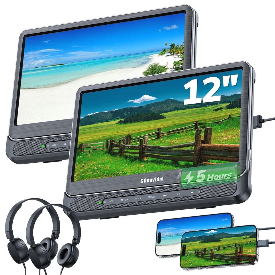 2 x 12 Inch Car Headrest Monitor TV DVD Media Player USB SD 1080P W/ Headsets - Image 2 of 4