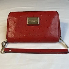 Michael Kors Wallet Ostrich Red Leather Embossed Women's Wristlet Clutch