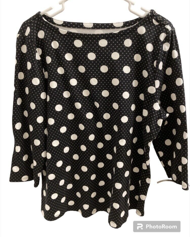 Charter Club Womens Top Sz XXL 3/4 Sleeves 100% Cotton Black White Polka Dots