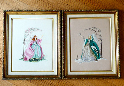 Fairy Angel Cross Stitch Finished Gold Framed Pair Beaded Sparkle Mar Bek  15x18