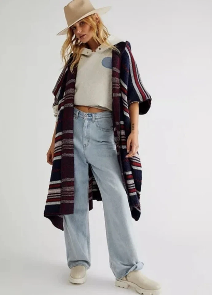 Free People Cold Canyon Hooded Poncho Striped Hooded Oversized Blue Red O/S NEW - Image 3 of 4