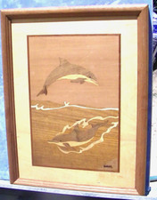 HUDSON RIVER INLAY PICTURE - DOLPHINS - WOOD MARQUETRY by 13 x 11