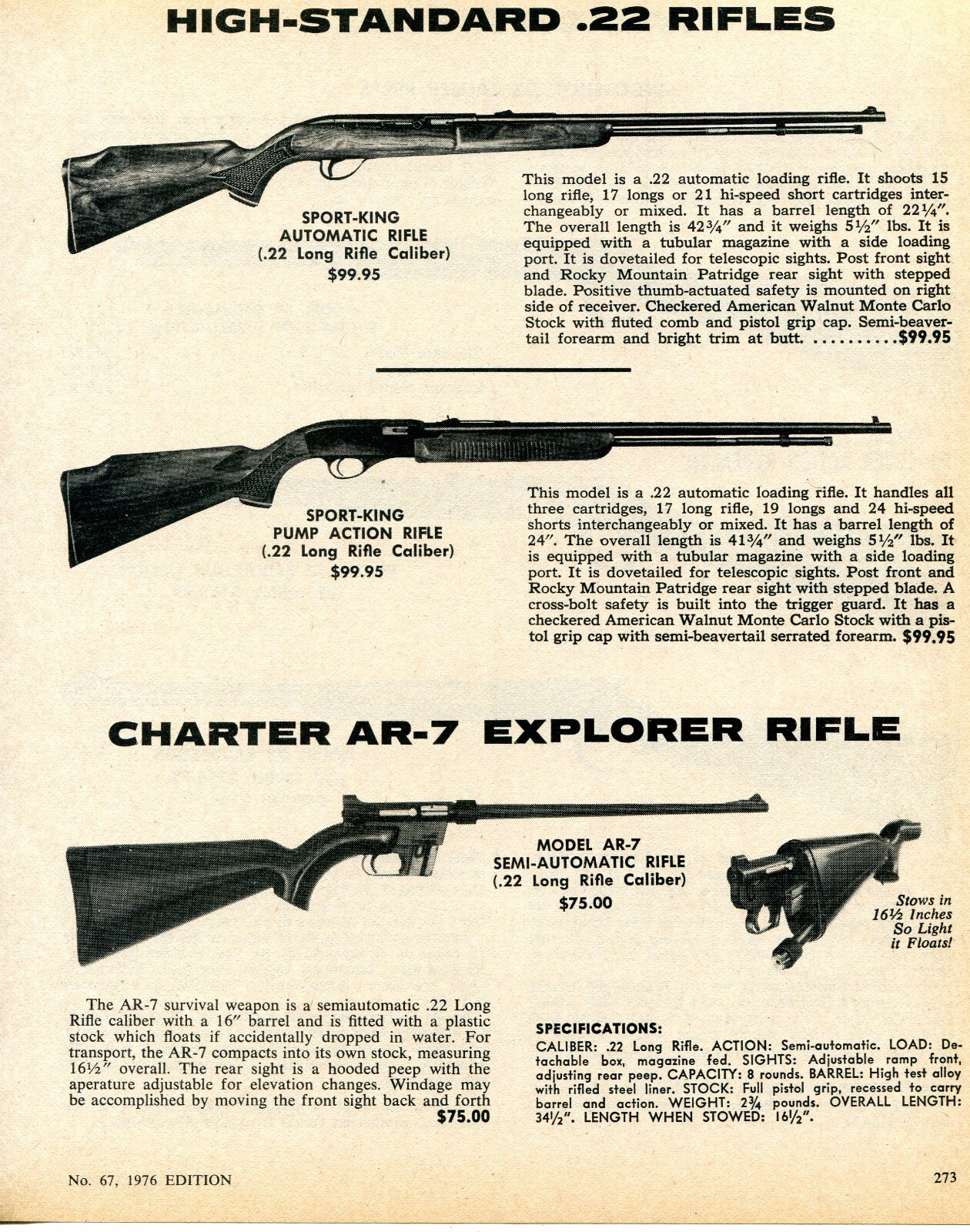 Kings Rifol 1976 Print Ad of High Hi Standard Sport King Rifle & Charter Arms AR-7 ...