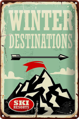 Schild Blech Retro -Made in Germany- 20x30cm Ski winter destinations Metall Deko
