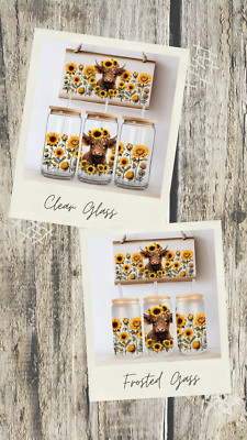 HIGHLAND COW & SUNFLOWERS 470ML (16OZ) LIBBEY GLASDOSE MIT STROHHALM.