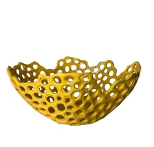 Yellow Ceramic Sculptural Fruit Bowl Abstract Centerpiece Contemporary Free Form