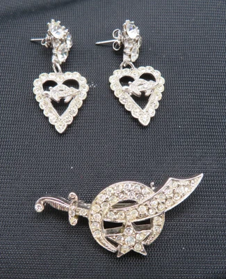 Masonic Freemason Shriner Sword Rhinestone Heart Earrings & Pin Set Shriners - Image 1 of 4