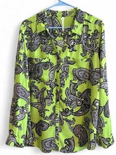 NY Collection Neon Green and Black Paisley Button-Up Top