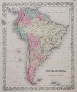 ORIGINAL 1855 COLTON'S HAND COLORED MAP OF SOUTH AMERICA