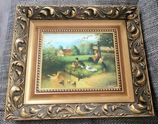 Ölgemälde auf Holz, Goldrahmen  ,,Enten  am Teich " Franzia, B41cm/ H36cm