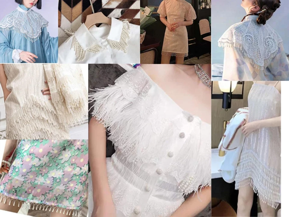 2 jardas de seda branca borla acabamento de franja com miçangas fita de renda para costura - Imagem 2 de 4