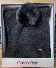 Calvin Klein Scarf And Toque Beanie Winter Hat High End Black Pom Pom