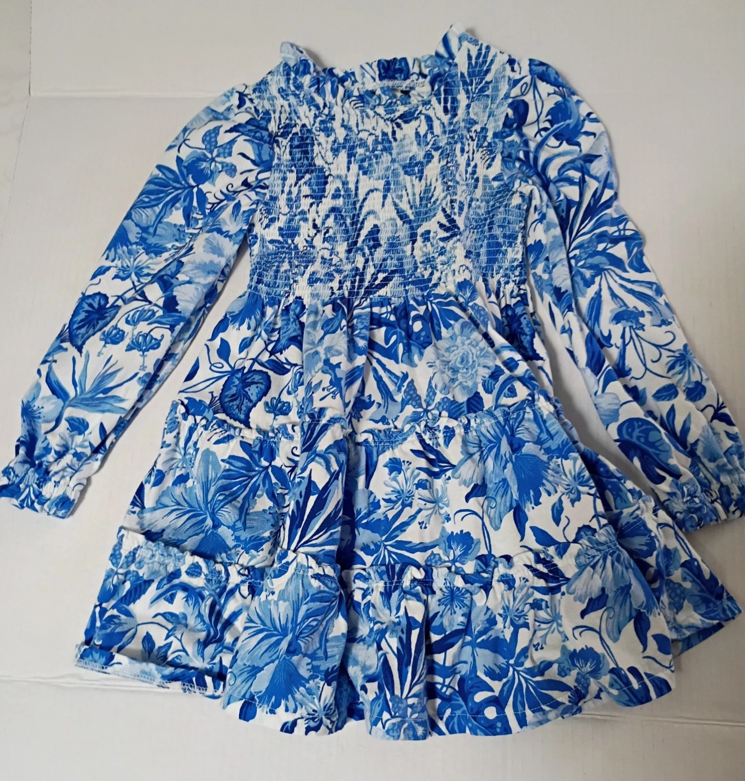 Ralph Lauren Girls 4-5 Yrs Old Blue And White Floral Longsleeve Smock
