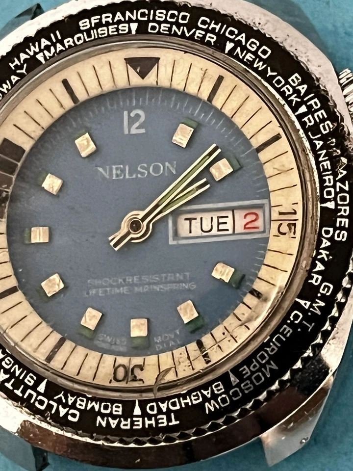 Lord Nelson World Time Day Date Blue Dial 40mm Vintage Watch Original 4 repair - Image 4 of 4