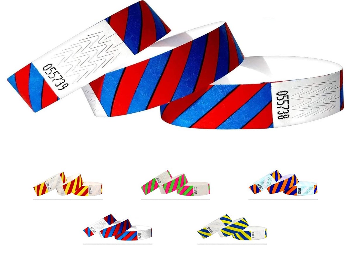 Tyvek Wristbands Striped 500 Pack Neon Blue Red 3/4