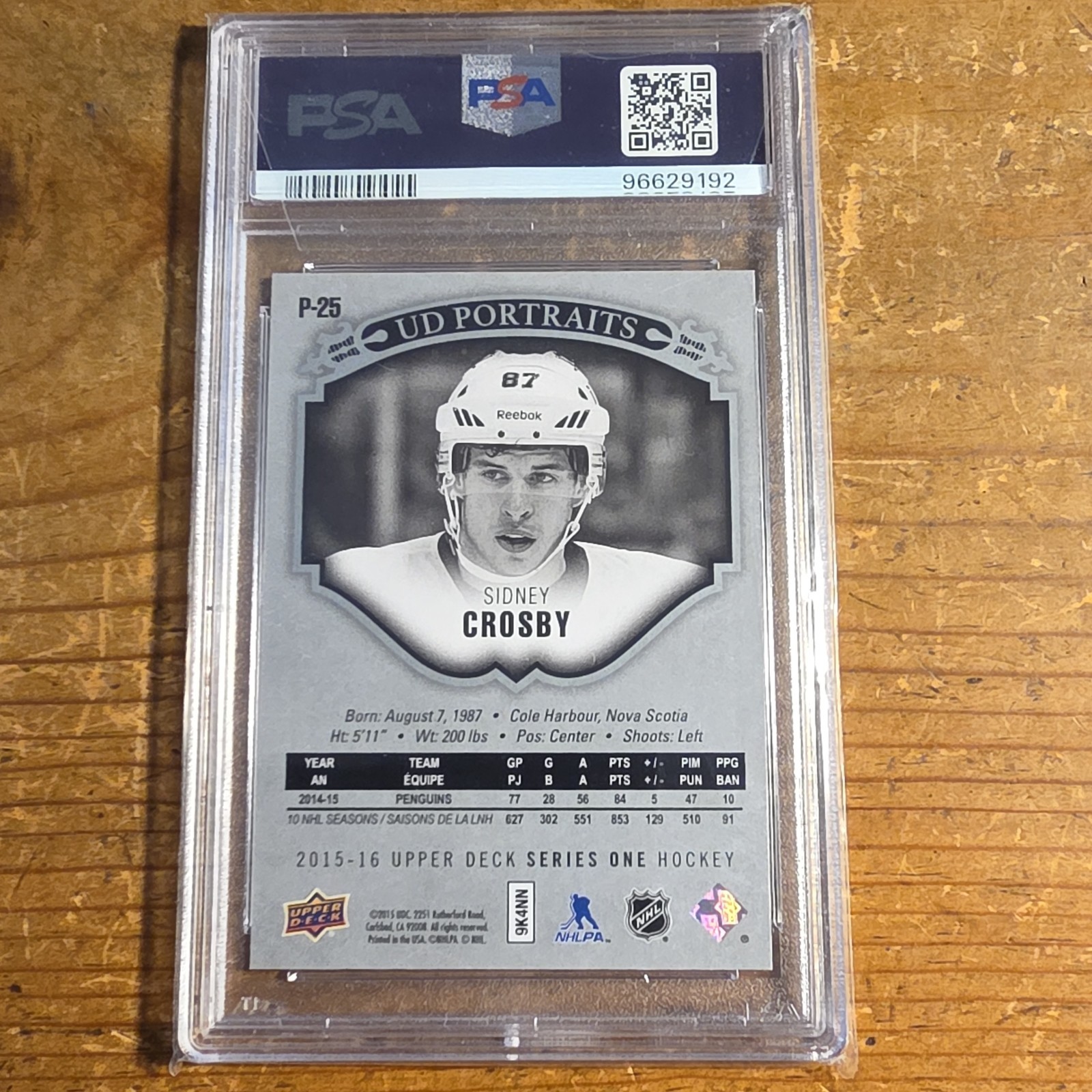 Upper Deck 2015-16 UD Portraits Sidney Crosby Pittsburgh Penguins #P-25 Graded view 2