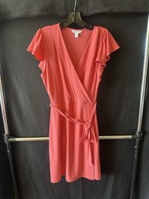 Nine West Women's XL Faux-Wrap Dress Short Sleeve, Coral Pink Color, Size Med