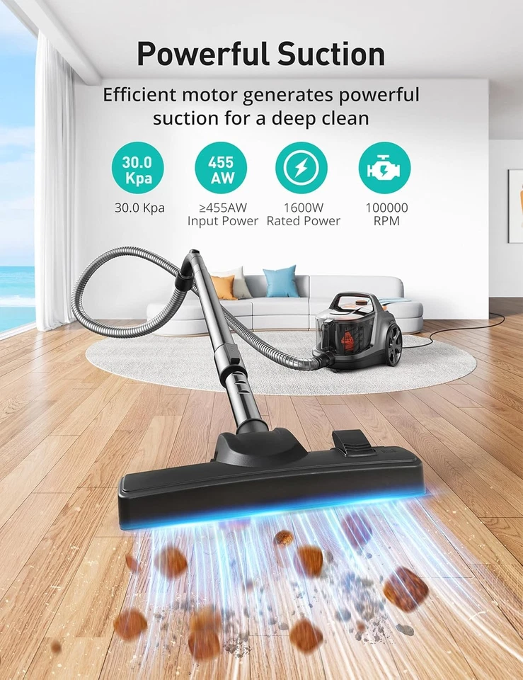 Aspiron Canister Vacuum Cleaner 1600W 30Kpa Bagless HEPA Filter Pet Hair Tool - Image 2 of 4