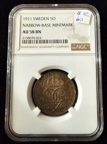 1911 SWEDEN 5 ORE - NGC AU 58