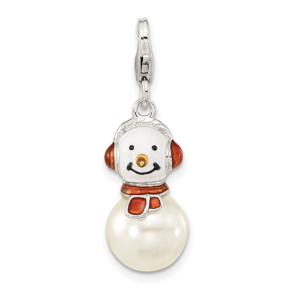 Sterling Silver Polished 3-D Mother of Pearl and Enameled Snowman Charm Pendant