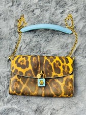 Dolce & Gabbana Leopard Print Canvas Shoulder Bag Light Blue Trim Padlock Charm