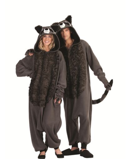 ROCKY RACCOON ADULT MENS COSTUME RACOON ANIMAL PAJAMAS BLACK GREY