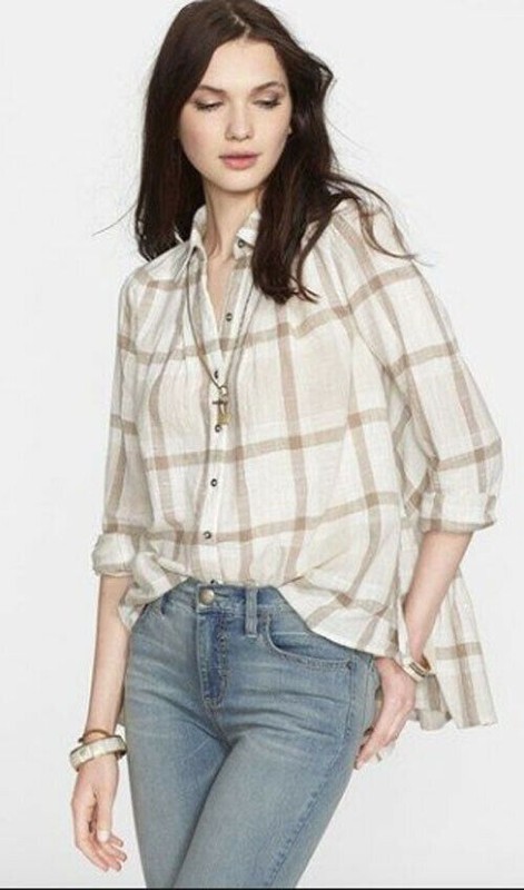 Free People Peppy in Plaid Tunic Top Shirt Peplum Ruffle Beige/Tan/White Size S