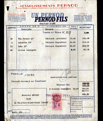 BOURGES (18) DISTILLERY / ALCOHOL DEPOT ''Ets PERNOD'' invoice in 1942