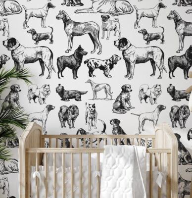 Eco-Friendly Wallpaper Dogs White Background in Sheets of Paper Made in Italy