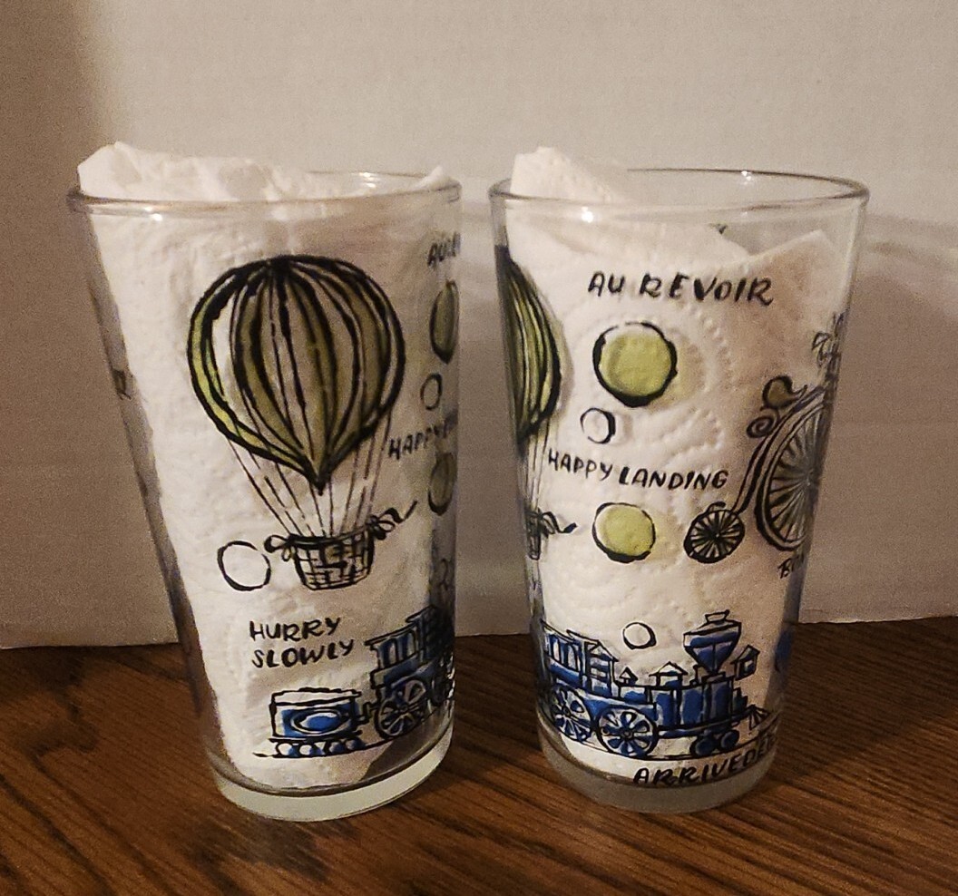 Set/2 Vintage TRAVEL Drinking Glasses BOAT Bike TRAIN Bon Voyage Au