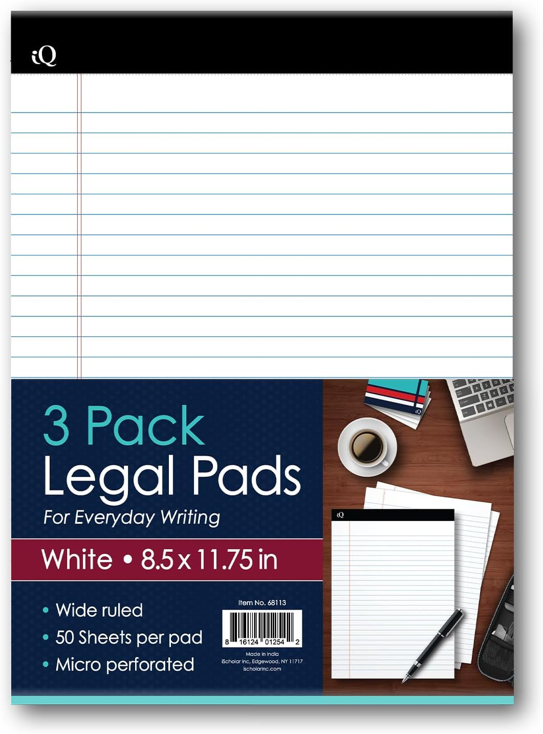 iScholar IQ Legal Pads Wide Ruled White 8.5x11.75 50 Sheets Pack