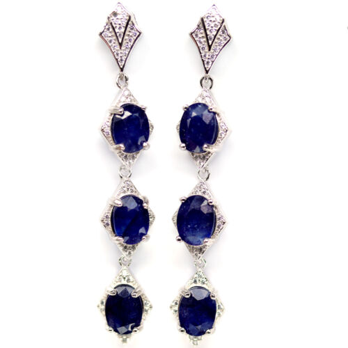 NATURAL 6 X 7mm. OVAL BLUE SAPPHIRE & WHITE CZ LONG EARRINGS 925 STERLING SILVER - Picture 1 of 4