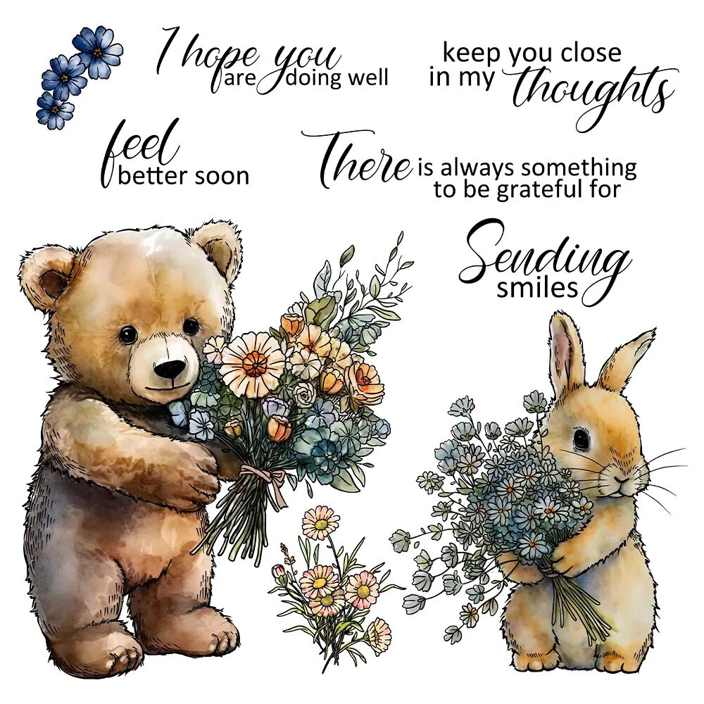 Bear Rabbit Flowers Sending Smiles Metal Dies Clear Stamps